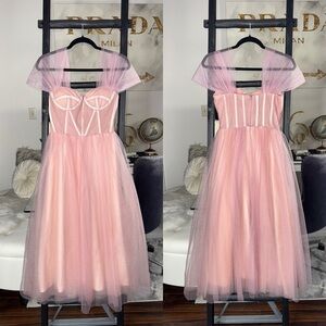 Blush Pink Corset Tulle Midi Dress With Sheer Boned Bodice And Glitter Overlay